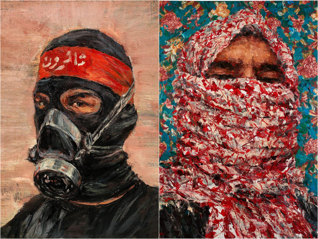 Paintings by Ayman Baalbaki removed from Christie’s London’s November 9, 2023 sale. (Left) Anonymous, 2011-18, acrylic and carton laid on canvas 70 × 50 cm, and Al Moulatham, 2012, acrylic on printed fabric, 200 × 150 cm.