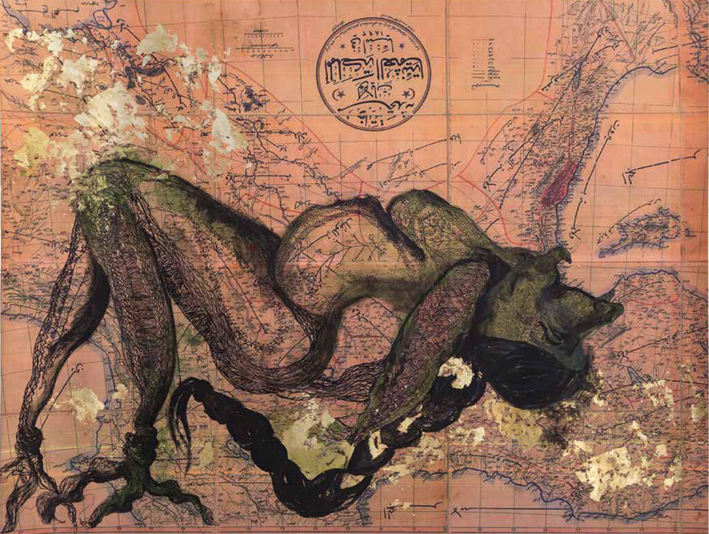 From the "Beyond" exhibition, Zehra Dogan, "Kurdistan 2," acrylic, felt pen, gold paper on map, 114x150cm, 2020 (courtesy of the artist and Prometeo Gallery, Milan).