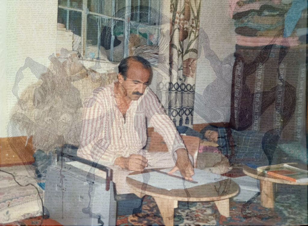 Hussein Qadir at home circa 1989 - illustration by Zehra Dogan