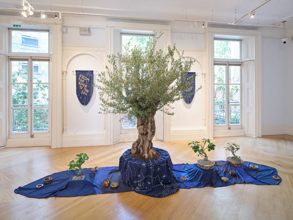 Xaytun Ennasr, Revolution is a forest that the colonist can’t burn (2023) Installation view at The Mosaic Rooms. Photograph by Andy Stagg, courtesy of The Mosaic Rooms