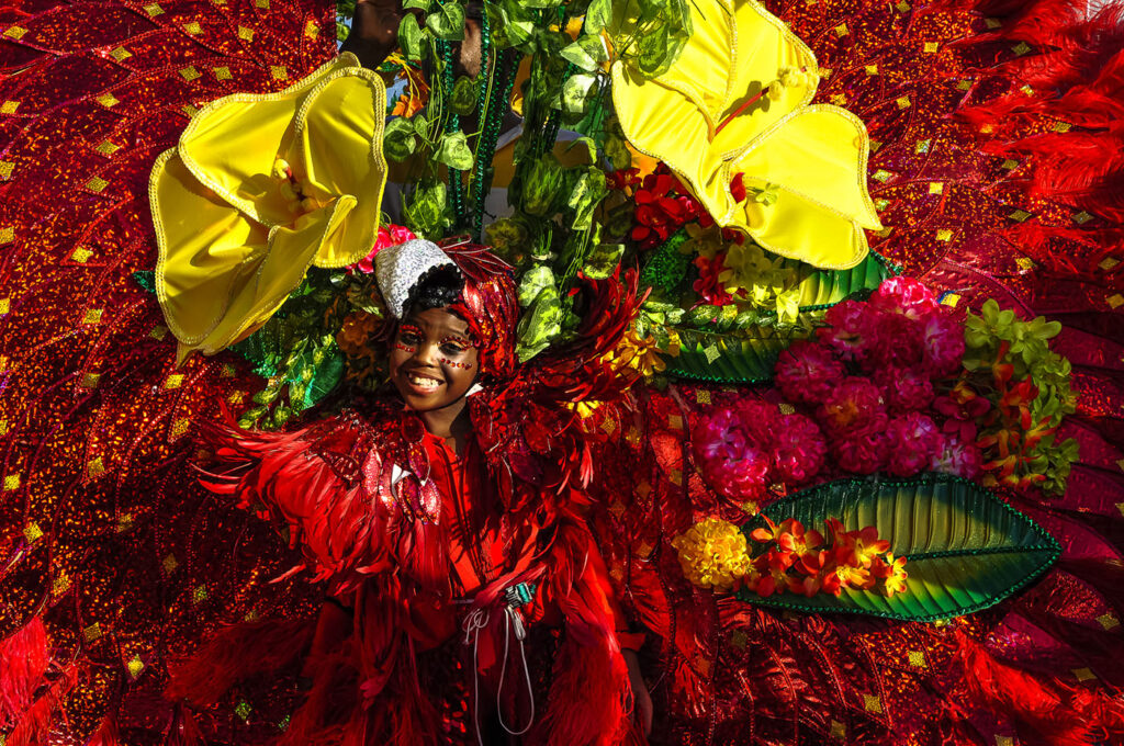 A young girl with a big smile depicts the rich flora and fauna of Trinidad and Tobago on carnival day by dressing in a luminous red costume made of richly beaded materials and varying the pitch with luminous yellow flowers and green ketmie leaves in Trinidad.
