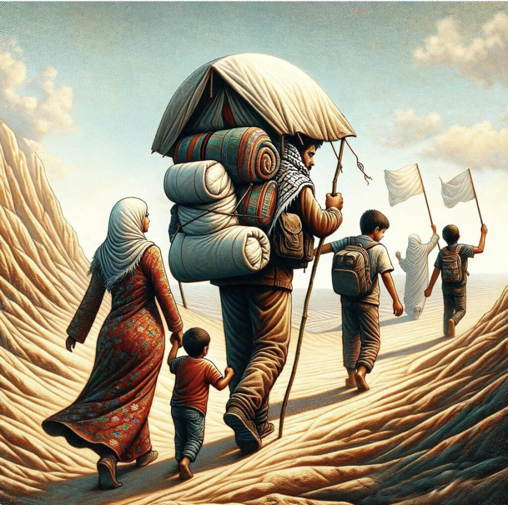 Palestinian artist Malik Qraiqea. "Gazans on the March," December 2023 (courtesy The Art of Occupied Palestine).