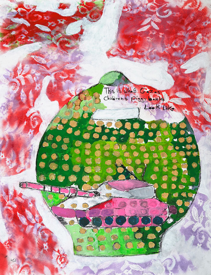 Rana Samara, “Piggy Banks,” 2023. Collage & mixed media on paper (courtesy Zawyeh Gallery, Dubai).