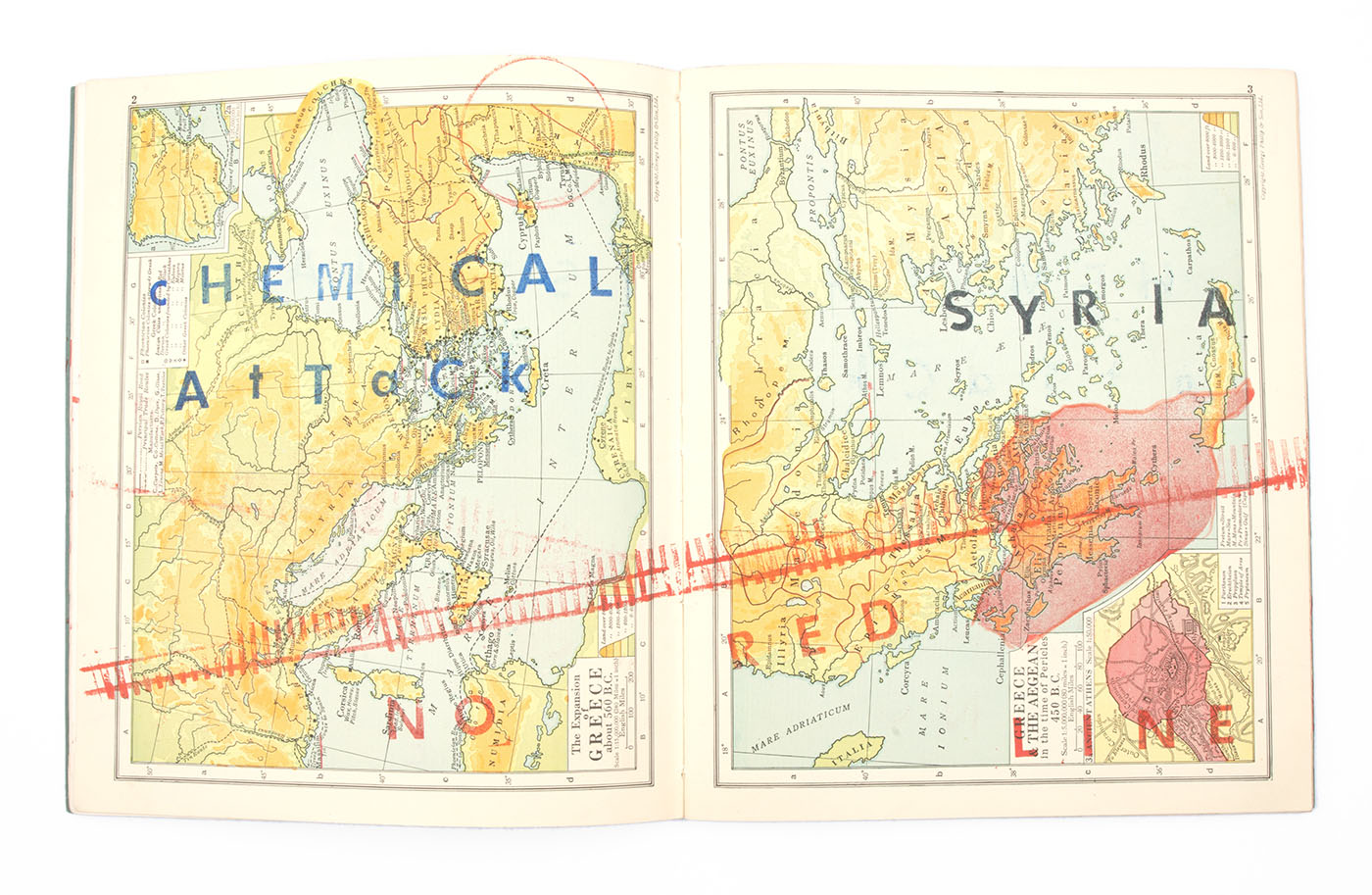 Issam Kourbaj, Defaced Intermediate Historical Atlas, 2019. photo- This Is photography courtesy the artist