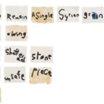 Issam Kourbaj, Leave to Remain A Single Syrian grain, airborne, 2020, Written on the back of used stamps (single lines in English), 366 stamps, one per day:line.