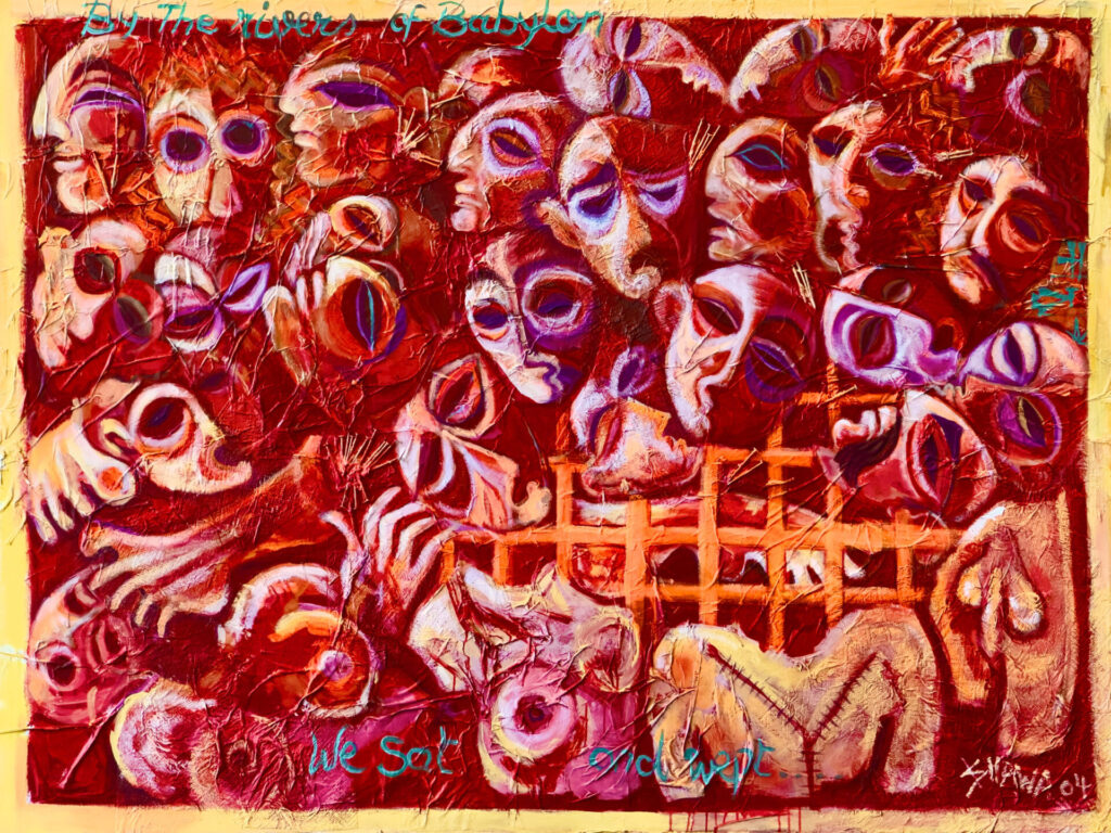 Laila Shawa, 1940-2022, Democracy in Red, acrylic, paper mache, gauze, nails, metalic paint on canvas, 150x200cm, 2004