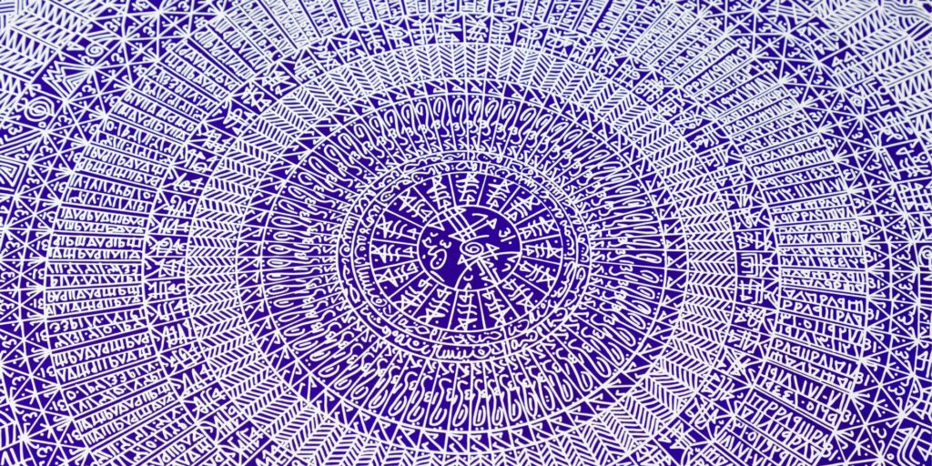 Art by Rachid Koraïchi, in the October Gallery "Celestial Blue" solo exhibition of new works by the renowned Algerian artist (courtesy October Gallery).