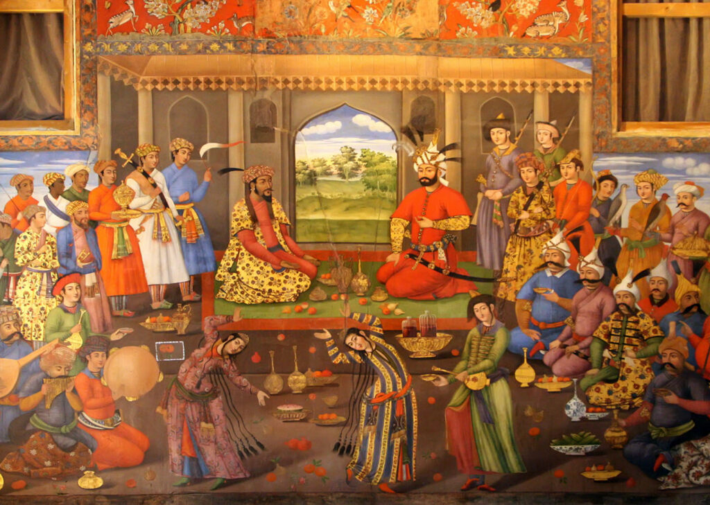 from the Dining with the Sultan catalogue LACMA, FIG. 1. Shah Tahmasp and the Mughal Emperor Humayun (detail), 1646. Mural, Central Audience Hall, Chihil Sutun Palace, Isfahan, Iran.
