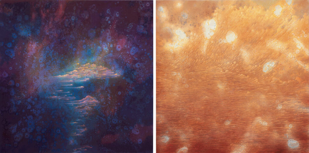 Khaled Akil - From this to That - oil on canvas 200x200cm 2024 + The Scene Behind - oil on canvas 200x200cm 2024