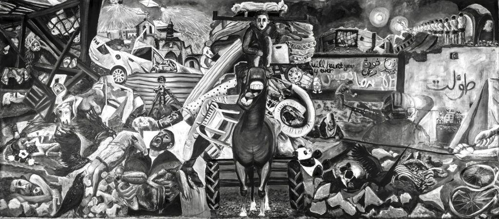 Malak Mattar, No Words (2024), Oil on primed linen, 218 x 485 cm. Courtesy Malak Mattar