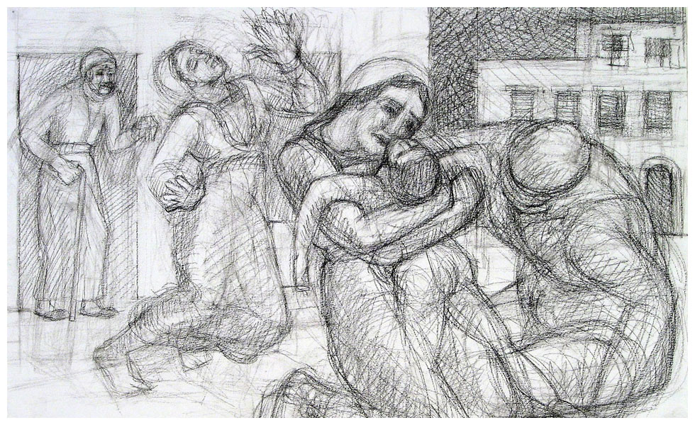 Samia Halaby, "The Kafr Qasem Massacre of 1956," The Shaker Easa Family III, conte crayon on paper,1999 (courtesy the artist).
