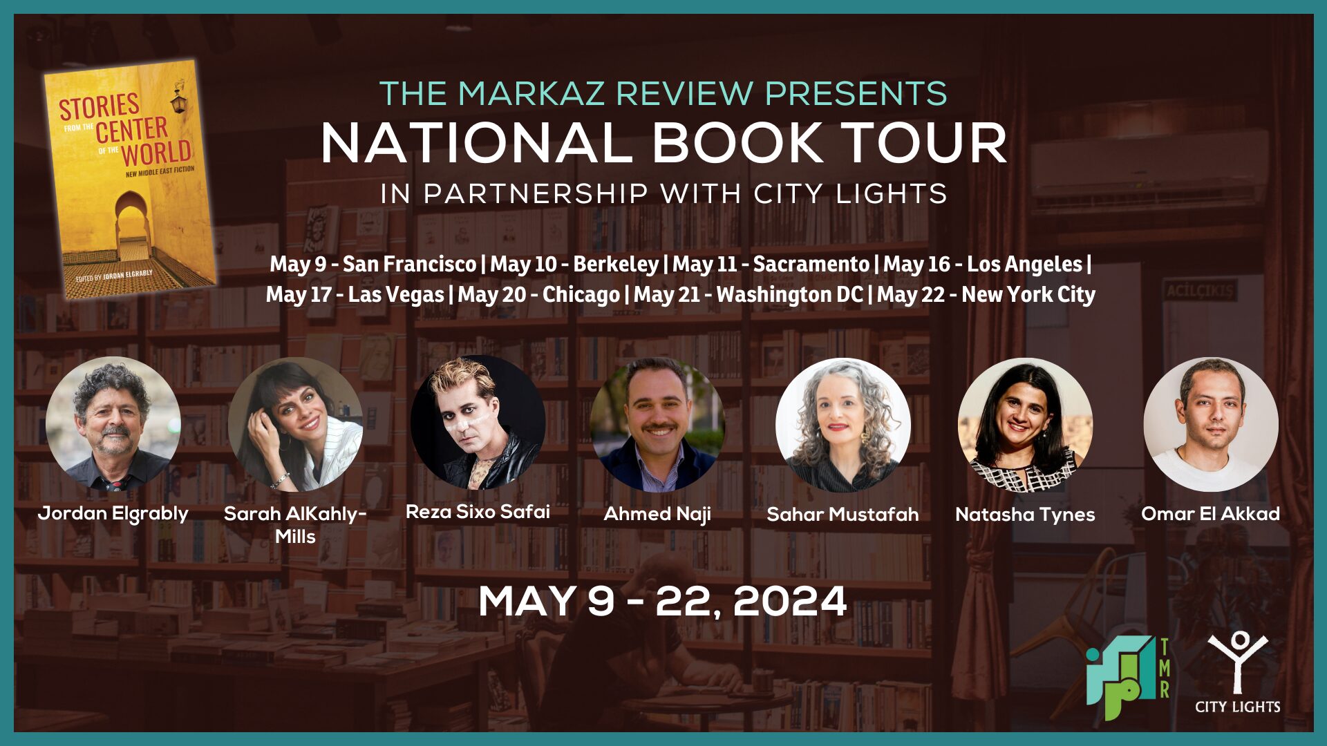 The May 2024 US naitonal book tour for "Stories from the Center of the World" features our new anthology published by City Lights and several of its writers, along with editor Jordan Elgrably.