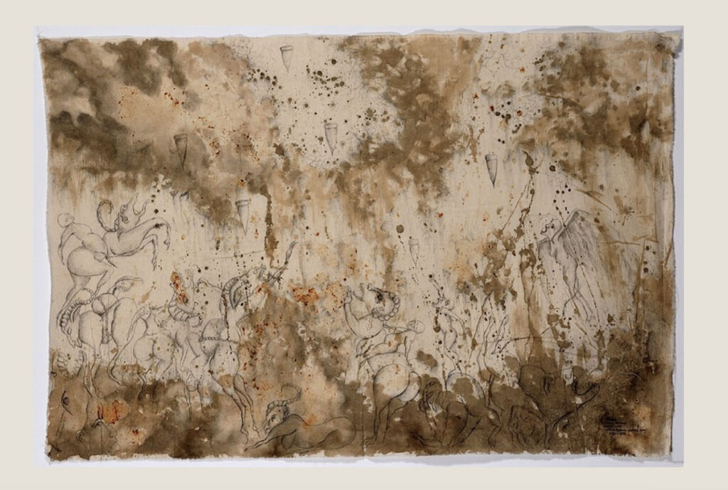 Zehra Dogan, "Roboski," on mom's skirt, cigarette, ash, tomato paste, moss, tea, coffee, pencil, 140x93cm, 2019, Tarsus Prison (courtesy of the artist).