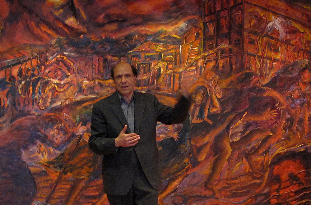 Nabil Kanso later in life stands in front of his classic 1983 painting, "Lebanon" (courtesy Wikipedia).