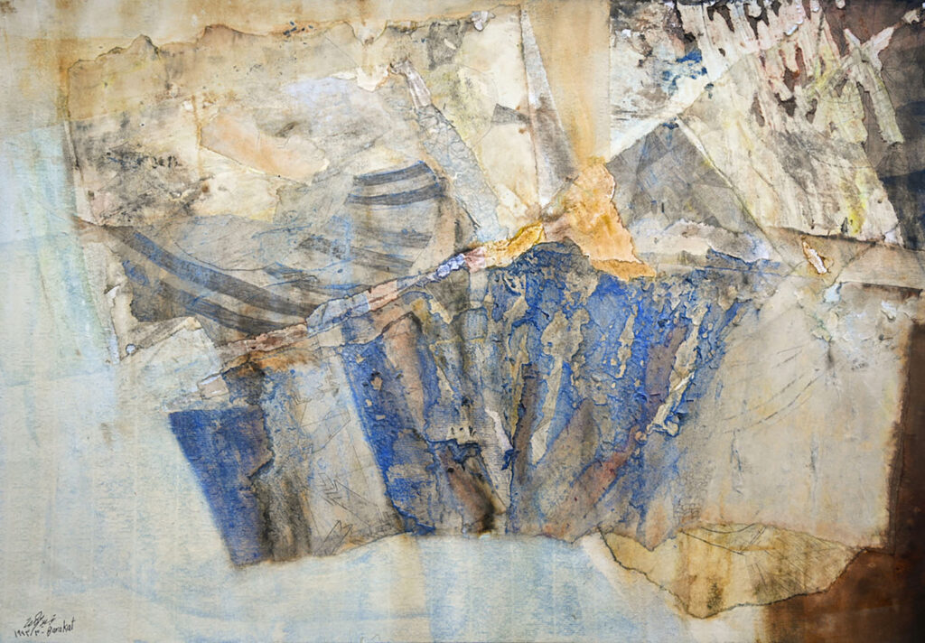 Tayseer Barakat, "Gaza: Recalling the Collage of a Place No. 147x64cm, collage, ink, watercolor, dyes, pencil on paper, 1993 (courtesy Zawyeh Gallery Dubai).