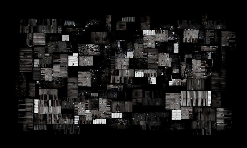 Mahmoud Alhaj, “Roofs Knocking No. 2,” digital photography, drones and archival materials, archival fine art paper, 72x120cm, edition of 20 (+AP), 2023 (Artwork appears courtesy of Zawyeh Gallery.)