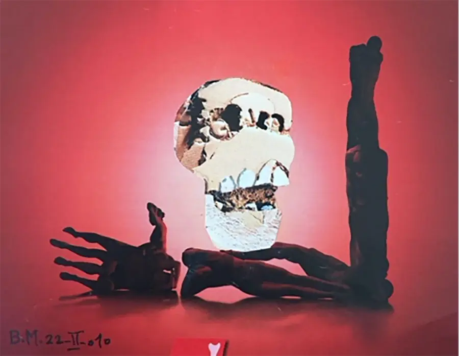 This red collage is the inspiration for "Spared": Bahman Mohassess. Untitled, 2010. Assemblage.