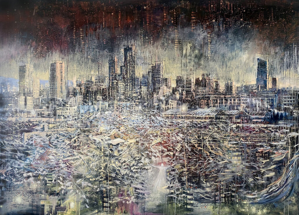 Tom Young "Asphyxiated City (Angelus Novus)," oil on canvas, 180cm x 250cm 2024 (courtesy of the artist).