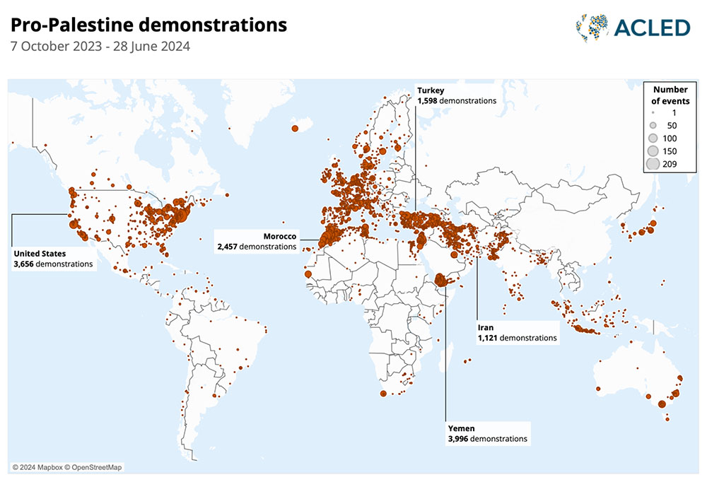 ACLED's map of pro-Palestine demonstrations includes thousands of protests worldwide over an eight-month period.