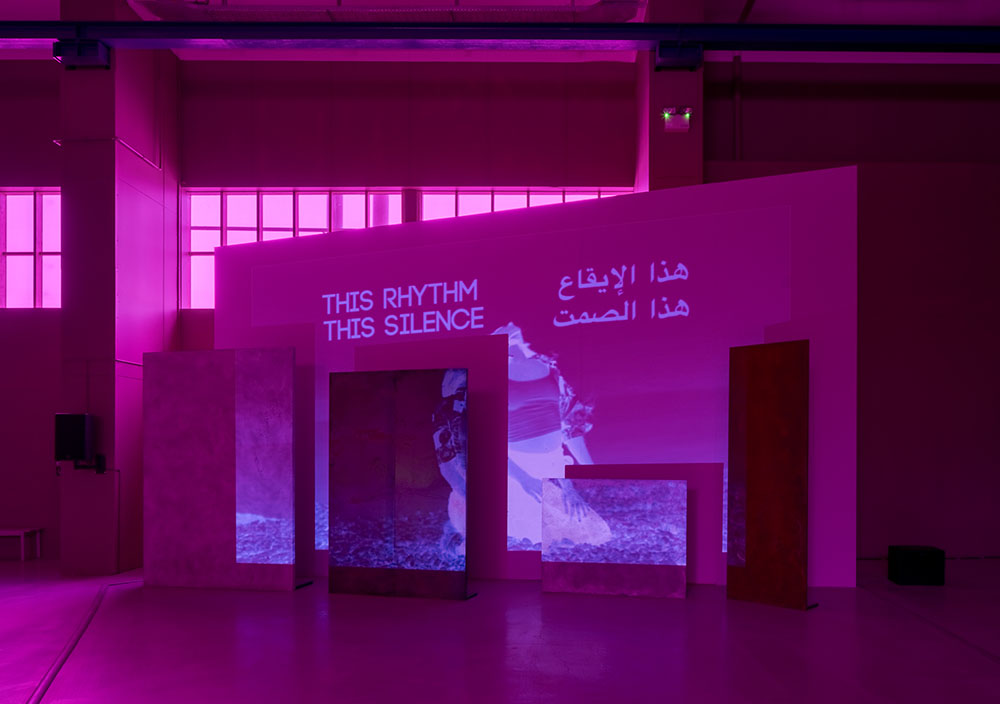 Basel Abbas & Ruanne Abou-Rahme, May amnesia never kiss us on the mouth: only sounds that tremble through us (2020-2022), The song is the call, and the land is calling (2024). Installation view at Copenhagen Contemporary (2024). Photo: David Stjernholm