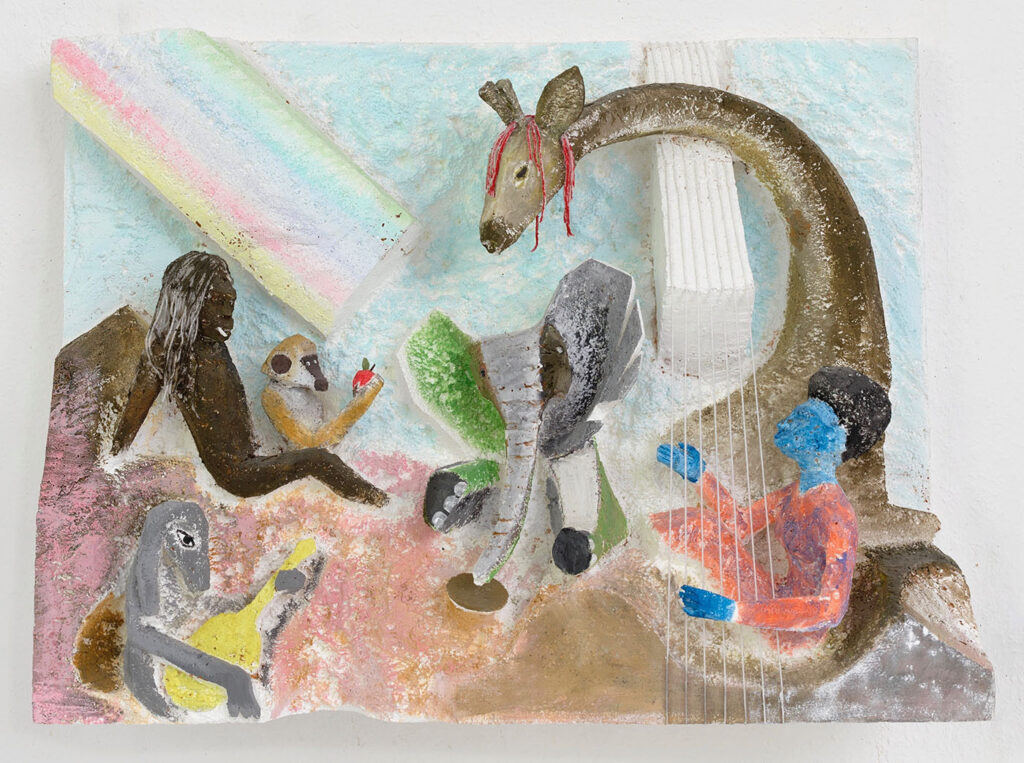 Lin May Saeed, "The Liberation of Animals from their Cages III," Styrofoam, acrylic paint, wood, polyester wool, 70x100x32cm, 2008 (photo Jens Heine, courtesy The Estate of Lin May Saeed and Jacky Strenz, Frankfurt/Main).