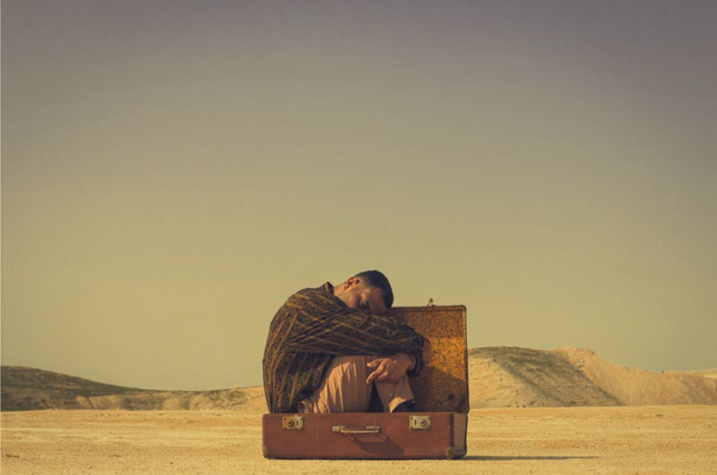 Yaqeen Yamani, "Suitcase No. 3," archival rag paper, 310 gsm 36x54cm, 2022 (courtesy Ramallah Art Fair, 4th ed., Voices of Resilience, Dec 7, 2024-Jan 18, 2025).