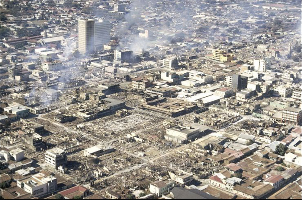 A 6.3 magnitude earthquake shattered Managua, Nicaragua, on December 23, 1972, killing 10,000 people and leaving 300,000 homeless.