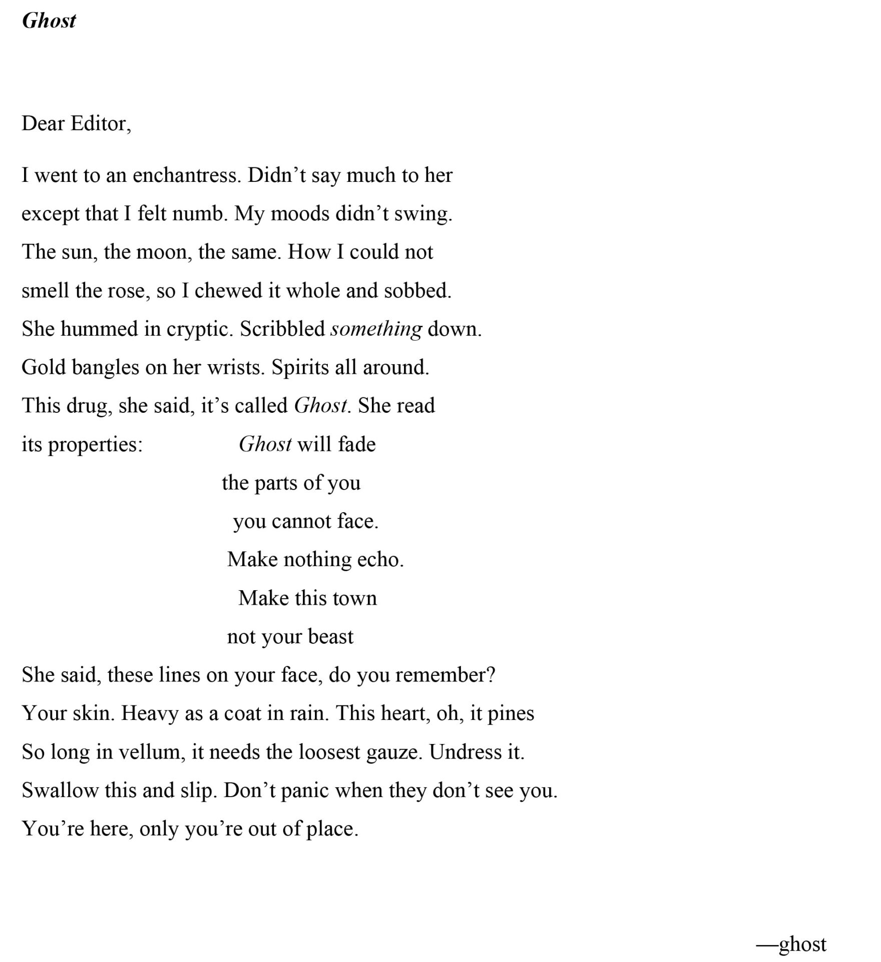 "Ghost," a poem by Mai Serhan