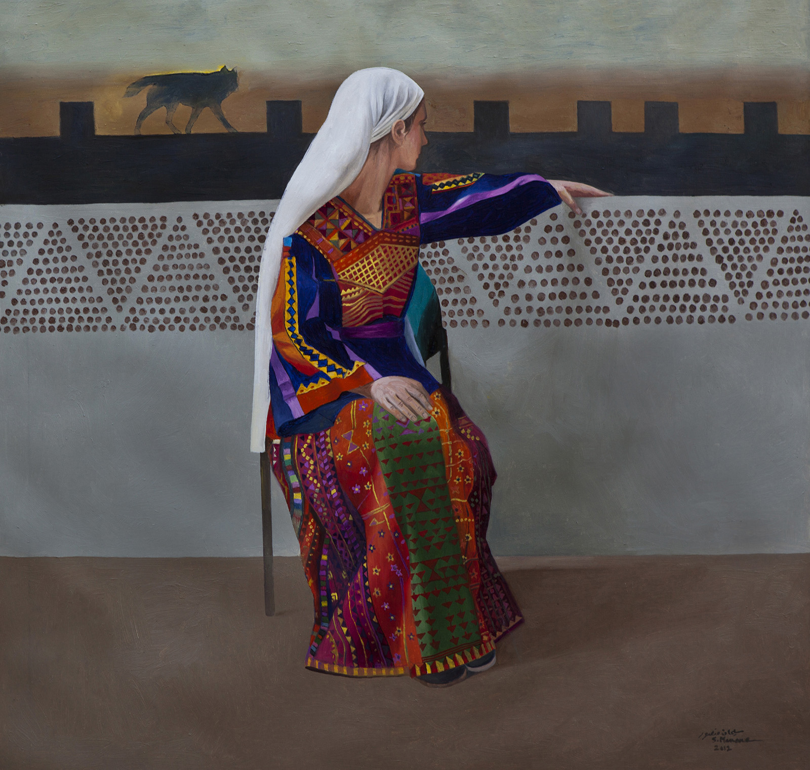 Sliman Mansour, "Jerusalem Rooftop," an hommage to tatreez.