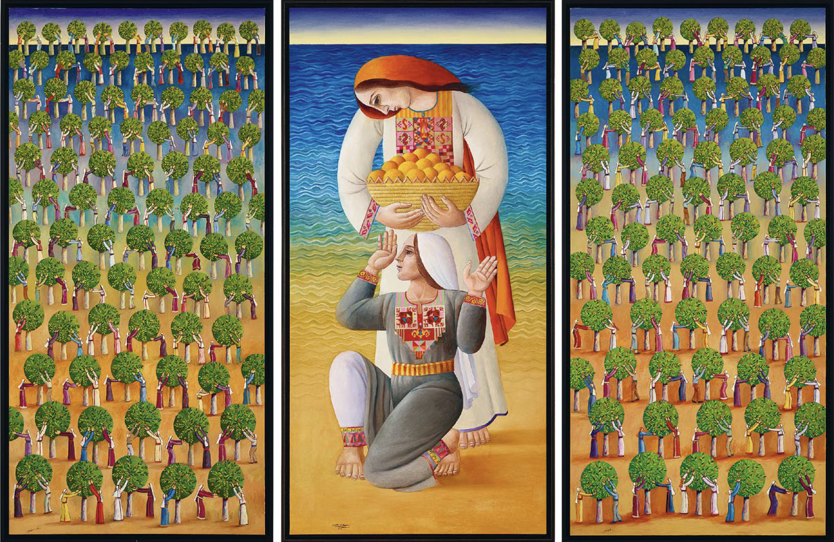 Sliman Mansour, "Orange Fields" triptych, 226x329.5cm, 2013 (courtesy Ramzi and Saeda Dalloul Art Foundation).