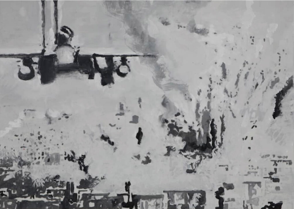 Aissa Deebi, "Aircraft," grisaille, glazing, oil and acrylic on canvas, 50x70cm, 2017 (courtesy Zawyeh Gallery Ramallah).
