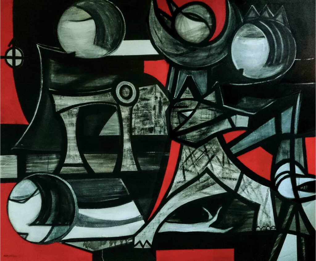 Mazan AlFeel, "In Red II," collage, acrylic on canvas, 150x180 cm. 2015