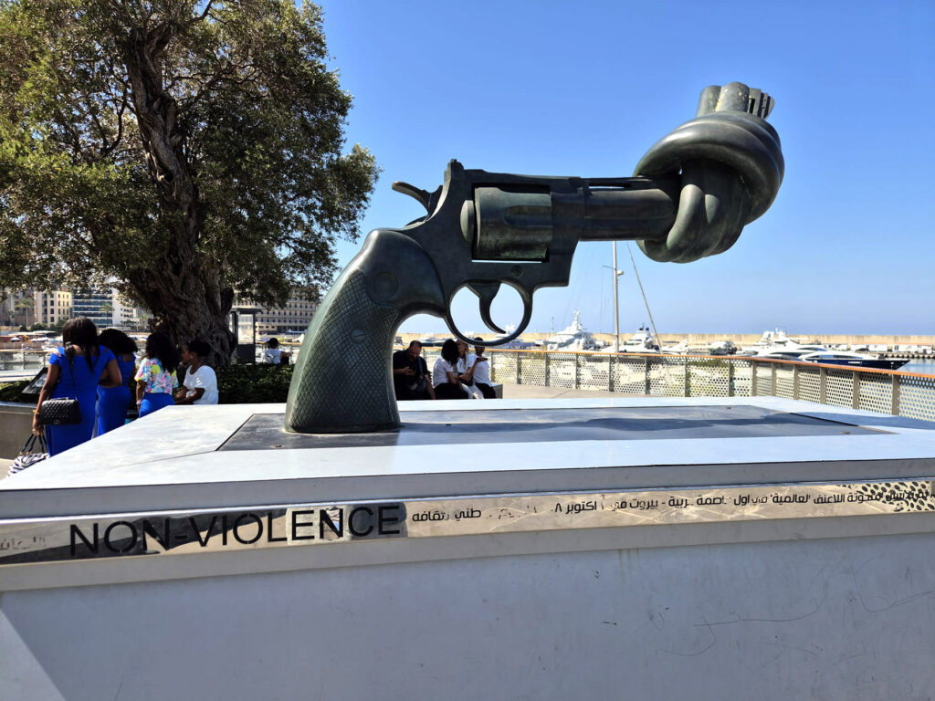 A sculpture in the port of Beirut at the start of the corniche celebrates non-violence photo jordan elgrably