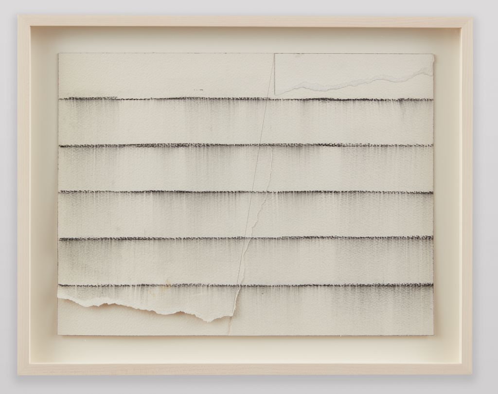 Torn Time, 1974, charcoal, watercolor and pencil on paper, 12x6 inches, courtesy of Institute of Arab and Islamic Art and Mira Friedlaender.