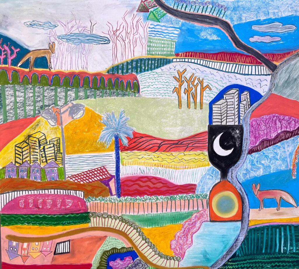 Noura Ali Ramahi Morning Walk, mixed media on cardboard paper, 100x100cm, 2025