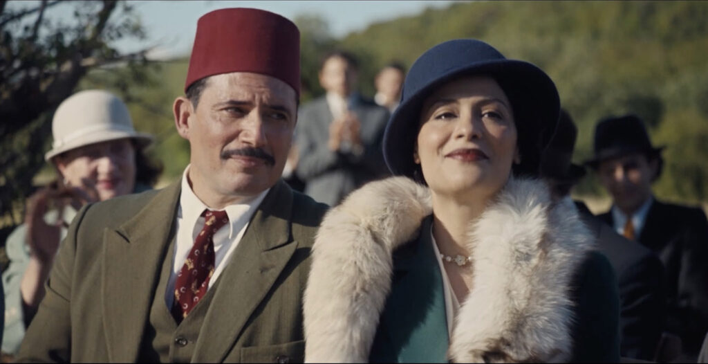 Palestine 36’s international cast includes Yasmine al Massri, right, playing a charismatic journalist and Mandate critic, and Dhafer L’Abidine, her well-off husband. (courtesy Philistine Films)
