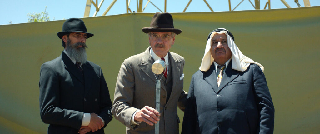 The film’s international cast includes Jeremy Irons, centre, playing the British High Commissioner to the Palestine Mandate. (courtesy of Philistine Films)