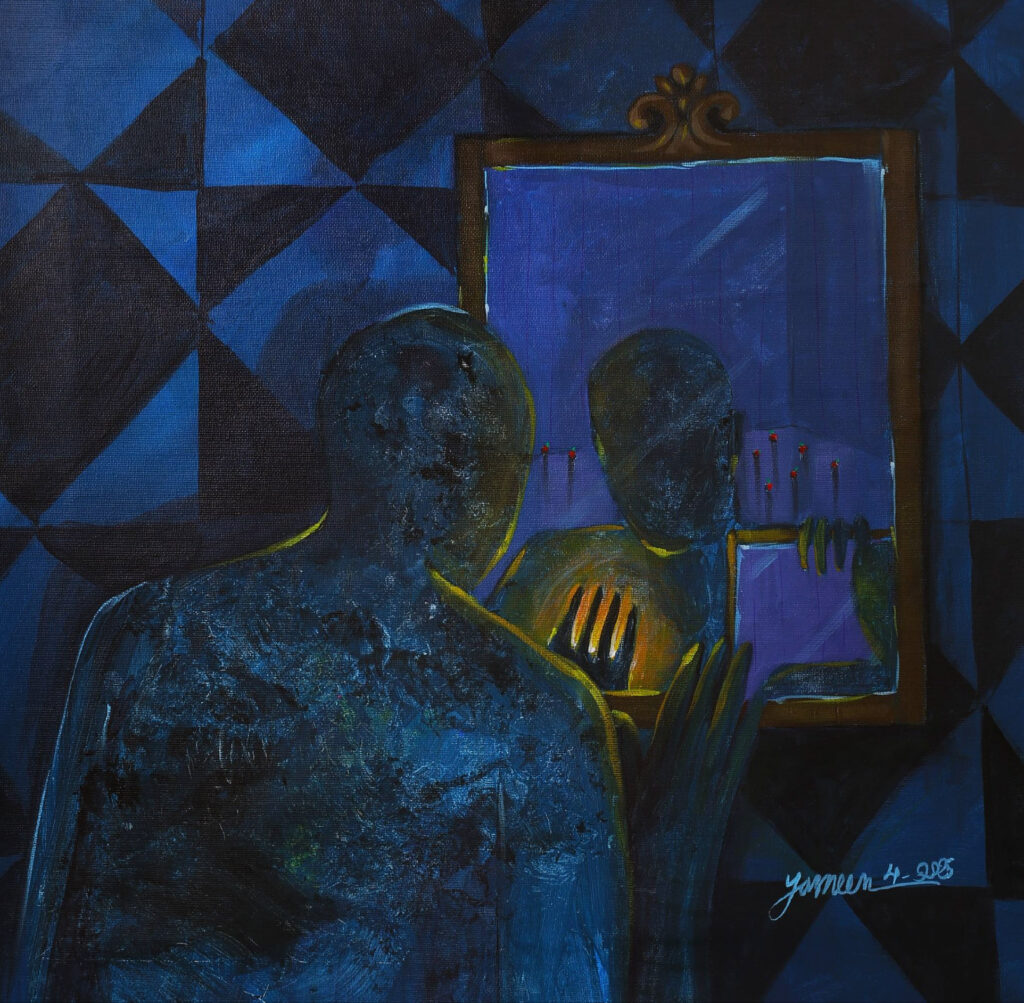 Yasmeen Abdullah ‘The stranger’s mirror’ 2025 50cm x 50cm