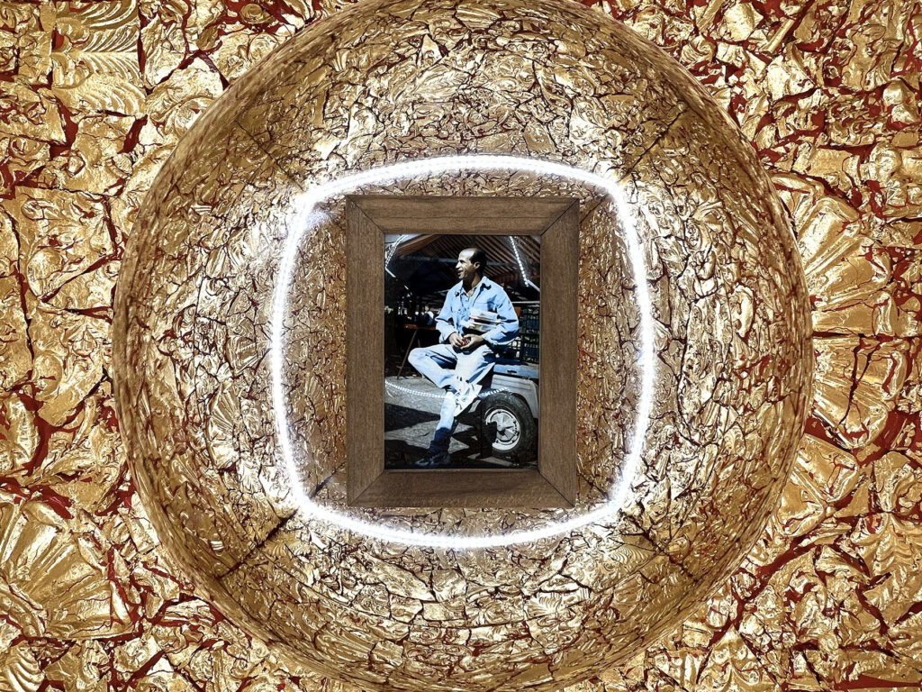 And I was right here!, 2024, Installation detail, Family photo, acanthus plant in a pot made in Italy, mirror frame, decorated with acanthus, wood, plaster, gold leaf, mirrors, 100x80x 200 cm