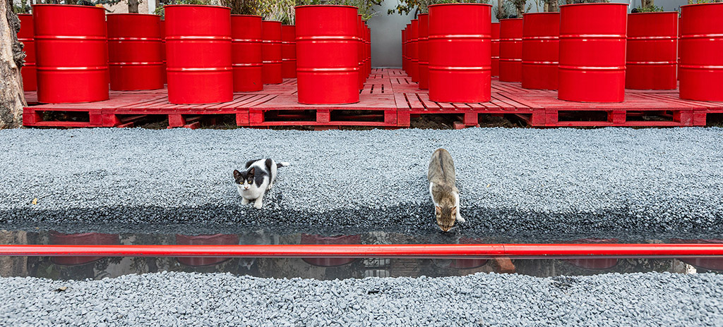 Detail, Khalil Rabah's "Red Navigarparate," 2025.