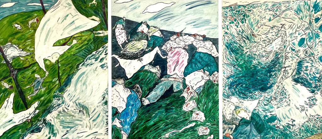 Nevhiz The Epic of Sheikh Bedreddin tryptic oil on canvas 73x54 x 3cm 2006