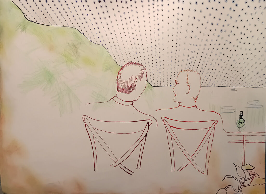 Olympia Zographos, "Two Men on a Balcony," paper, ink, pencil, 2025 (courtesy Olympia Zographos).