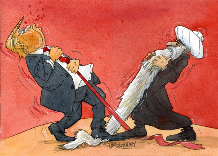 Trump struggles with Iran (Ballouhey courtesy Cagle.com)