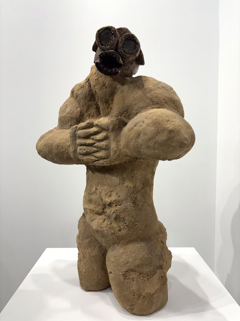 Ali Cherri, Vermilingua Bust, 2023, Mumuye Mask, 20th-21st century Nigeria, clay, sand and pigments, Almine Rech.