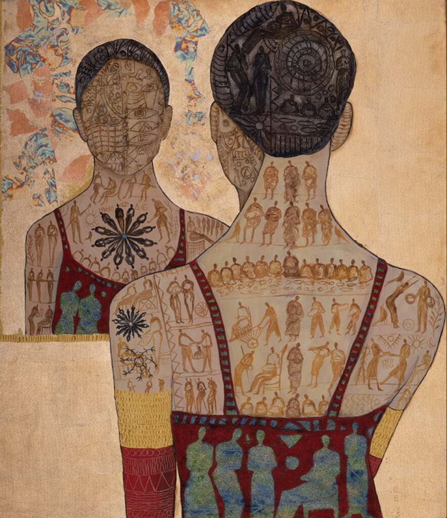 Abdulhamid Abdalla, "The Mirror," mixed media and Gold Leaf on canvas, 95x110cm, 2019 (courtesy of the artist).