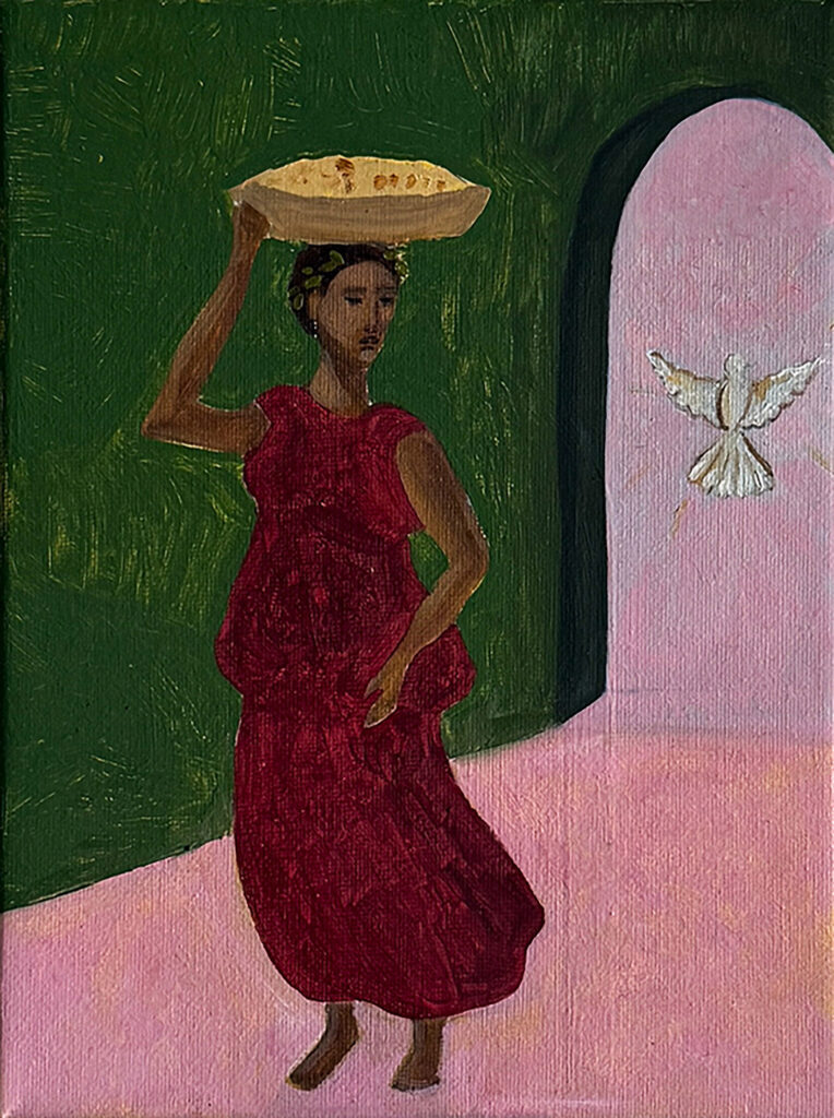 Dalel Oausli, "Believe I,I" oil on canvas, 24 x16 cm, 2026 (courtesy Dalel Ouasli).