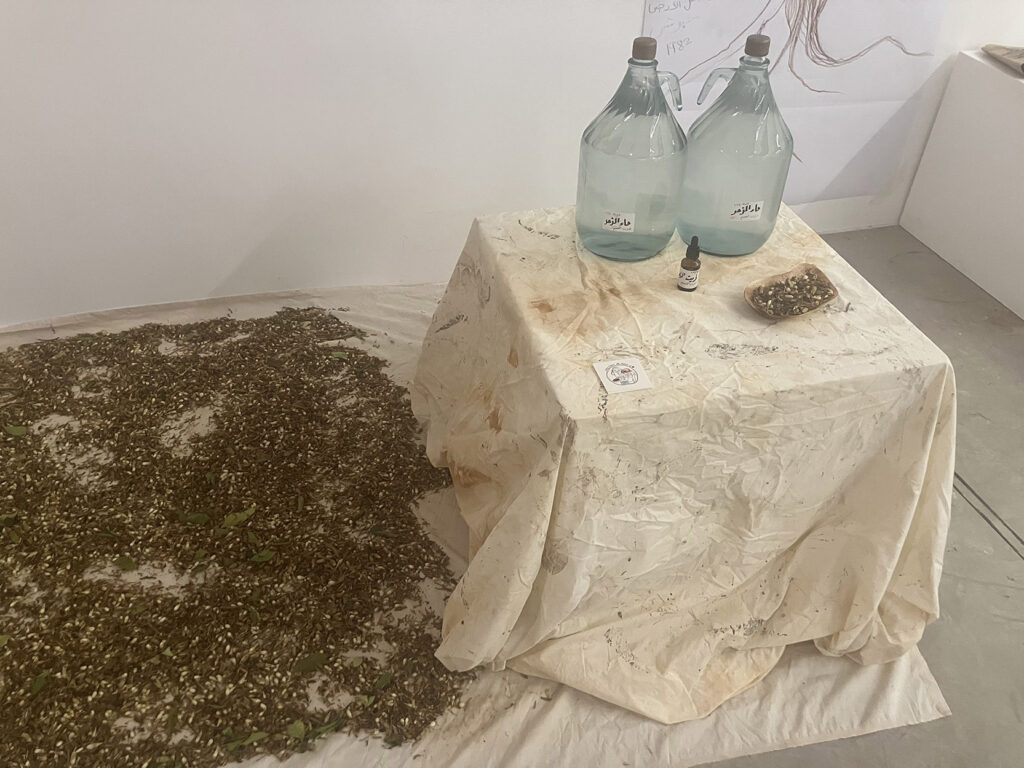 Orange water and oil, distilled from the groves of Darb El Sim during an event at Beirut Art Center, March 2026.