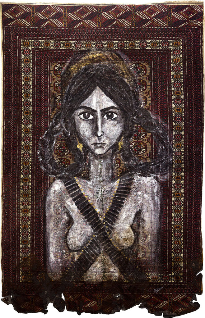 Nêrîn (Look), 2020. On carpet, acrylic, felt pen, powder pastel, 240 x 155 cm. Ph. Ludovica Mangini. Prometeo Gallery, Milano