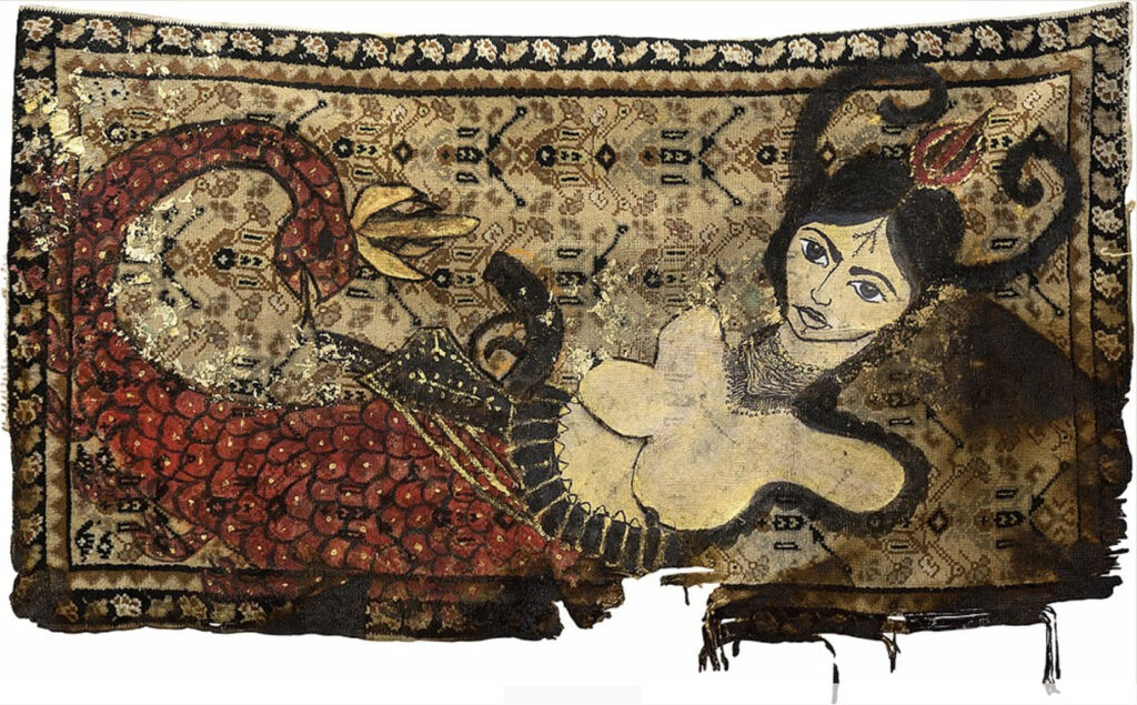 ShahmeranOn carpet, acrylic, gold paper, 100 x 185 cm. July 2020 Angers, France. Prometeo Gallery, Milano. Moratti collection.