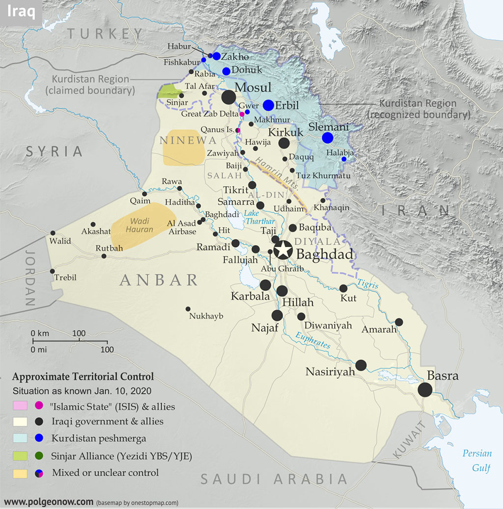 The 2020 map of Iraq with Anbar Province to the west courtesy polegeonow)